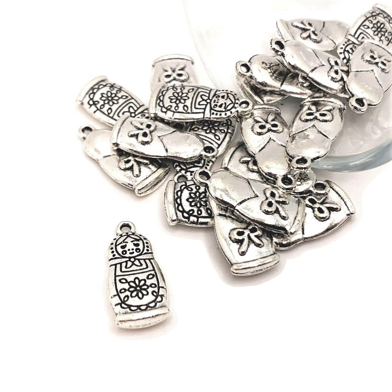 Silver Russian Nesting Doll Charms, Matryoshka Charms, 18x8.5mm